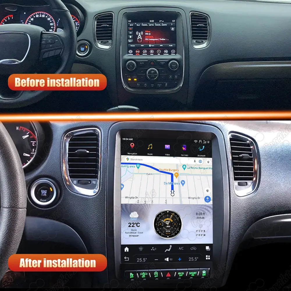Dashboard comparison showing OEM factory car radio vs upgraded vertical touchscreen Android stereo unit.