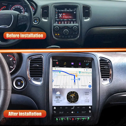 Dashboard comparison showing OEM factory car radio vs upgraded vertical touchscreen Android stereo unit.