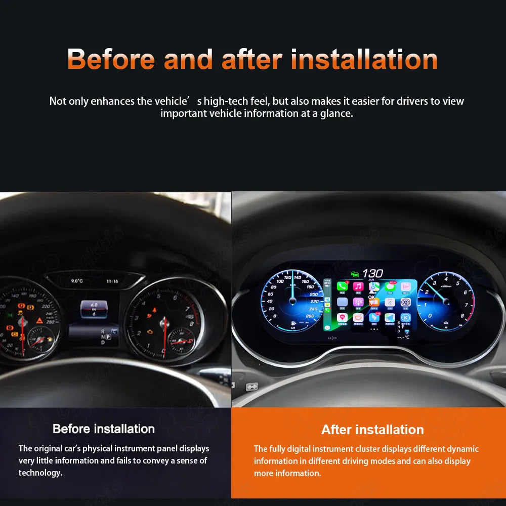 Before and after installation of Caraktis 12.3-inch digital instrument cluster on Mercedes-Benz A, CLA, and GLA-Class showing high-tech cockpit visual upgrade.