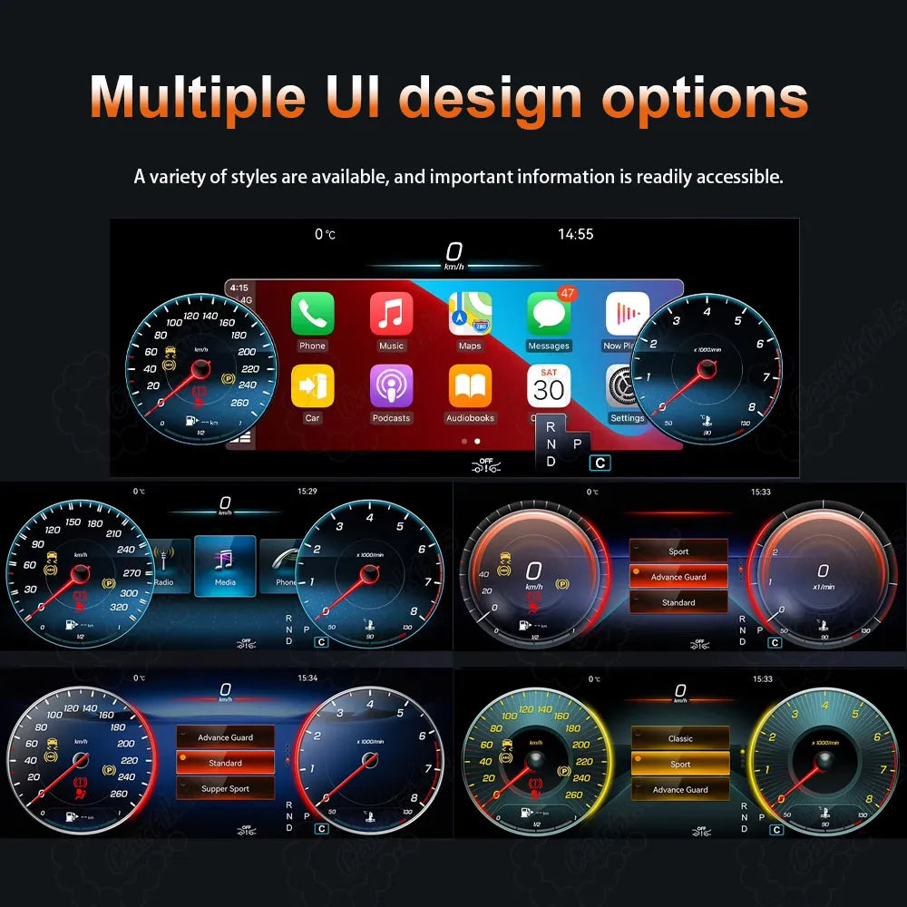 Caraktis 12.3-inch digital instrument cluster for Mercedes-Benz displaying multiple customizable UI design options and clear vehicle telemetry.