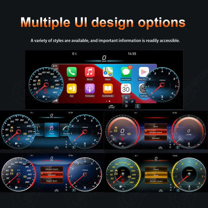 Caraktis 12.3-inch digital instrument cluster for Mercedes-Benz displaying multiple customizable UI design options and clear vehicle telemetry.