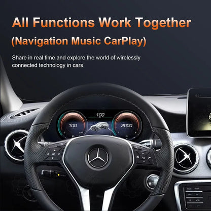 Caraktis 12.3-inch digital instrument cluster for Mercedes-Benz displaying seamless integration of navigation, music, and Apple CarPlay.