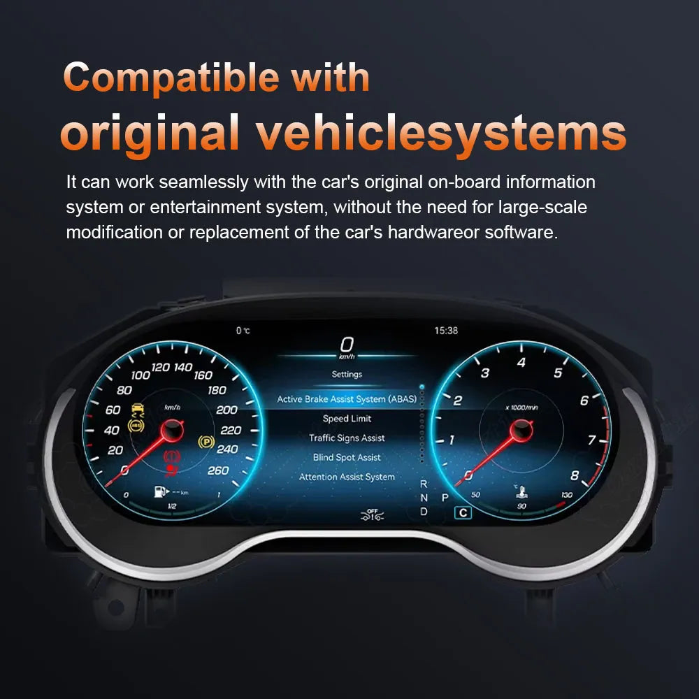 Caraktis 12.3-inch digital instrument cluster for Mercedes-Benz A, CLA, and GLA showing seamless OEM system compatibility without hardware modifications.