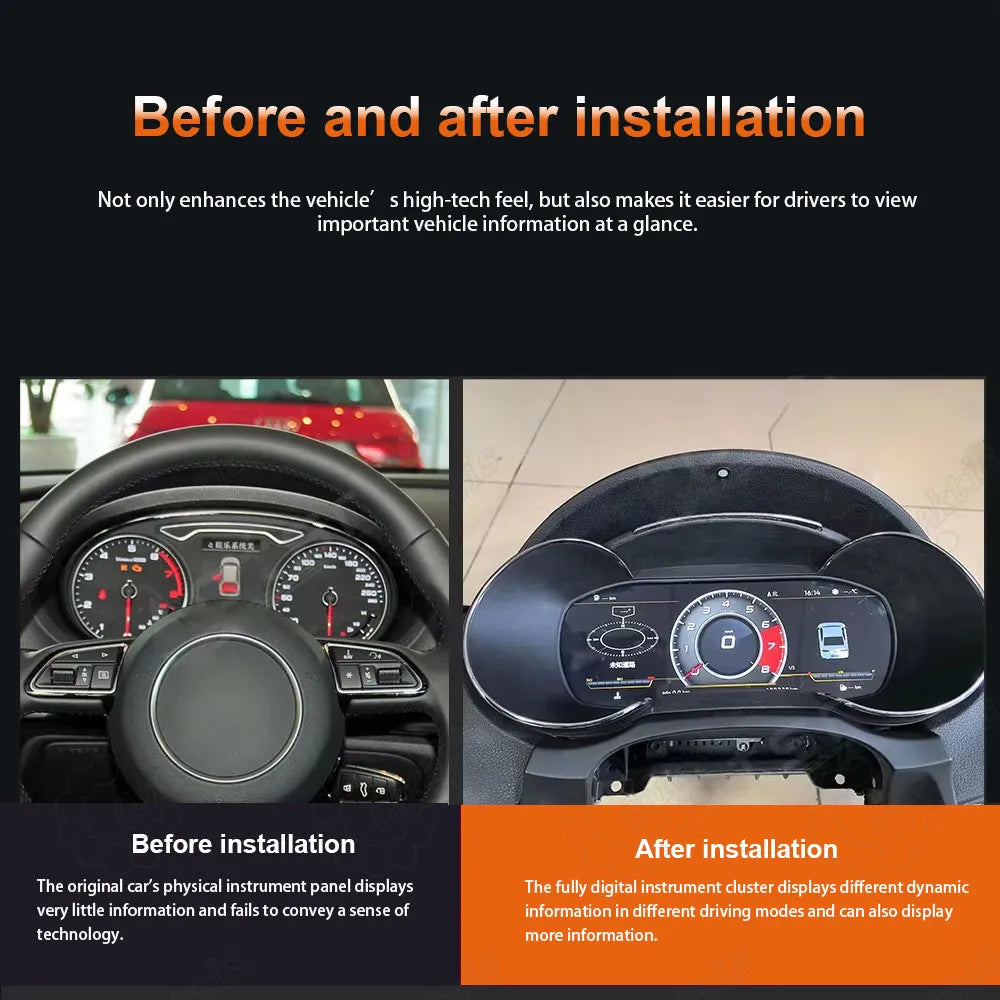 Before and after comparison showing the factory analog gauge cluster upgraded to a CarAktis 12.3-inch digital LCD virtual cockpit panel in an Audi A3 S3 interior.