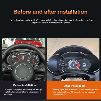 Before and after comparison showing the factory analog gauge cluster upgraded to a CarAktis 12.3-inch digital LCD virtual cockpit panel in an Audi A3 S3 interior.
