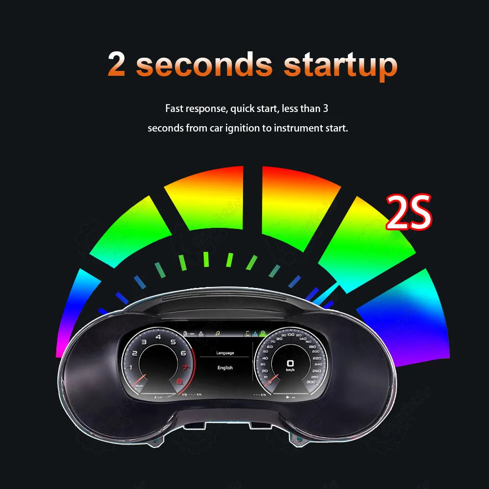 Dynamic sequence showing the CarAktis digital instrument cluster initializing in less than 3 seconds after turning on an Audi A3 S3 ignition.
