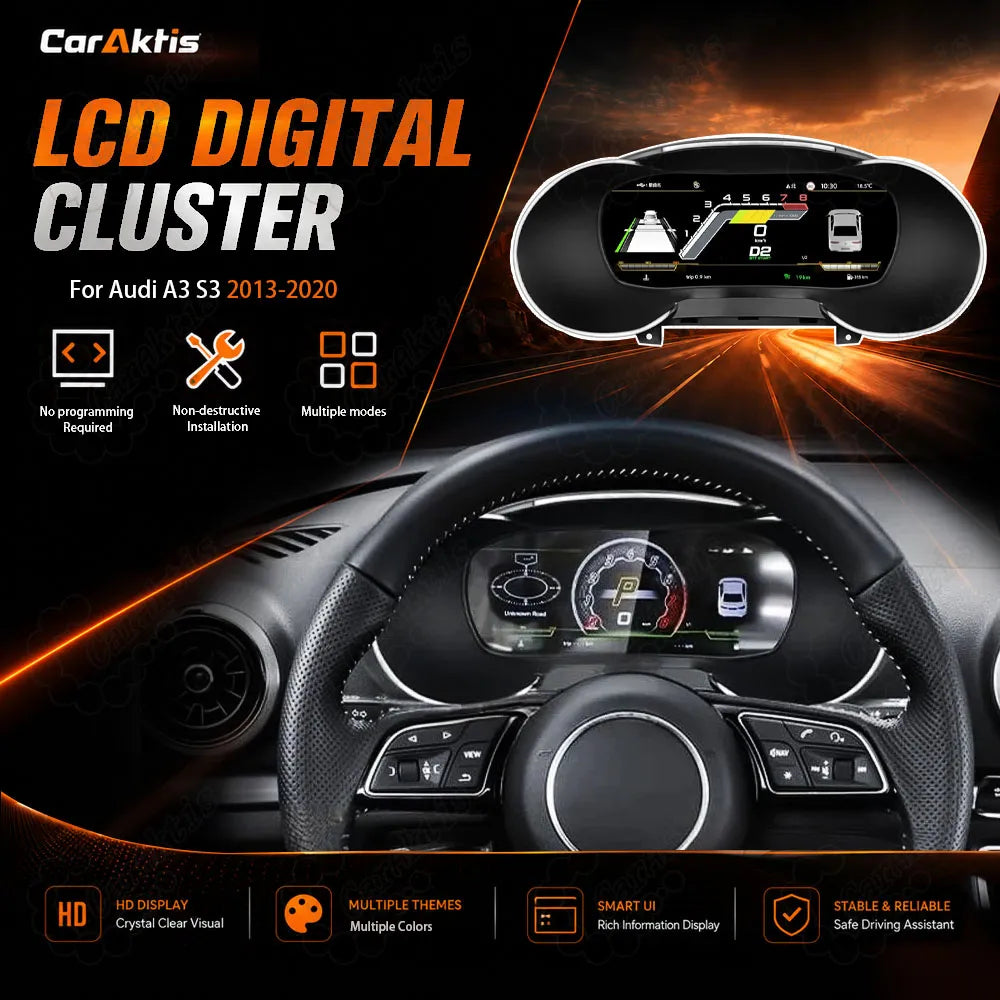 CarAktis 12.3-inch digital instrument cluster upgrade for Audi A3 S3 (2013-2020) displaying multiple interface modes, highlighting plug-and-play installation without programming.