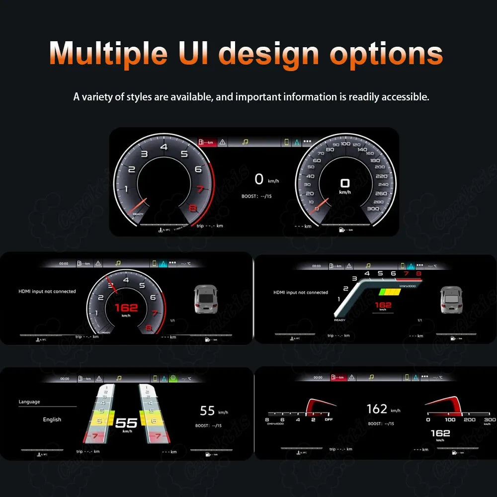 Selection of customized digital gauge cluster UI themes for Audi A3 S3, presenting various dynamic dashboard display layouts.