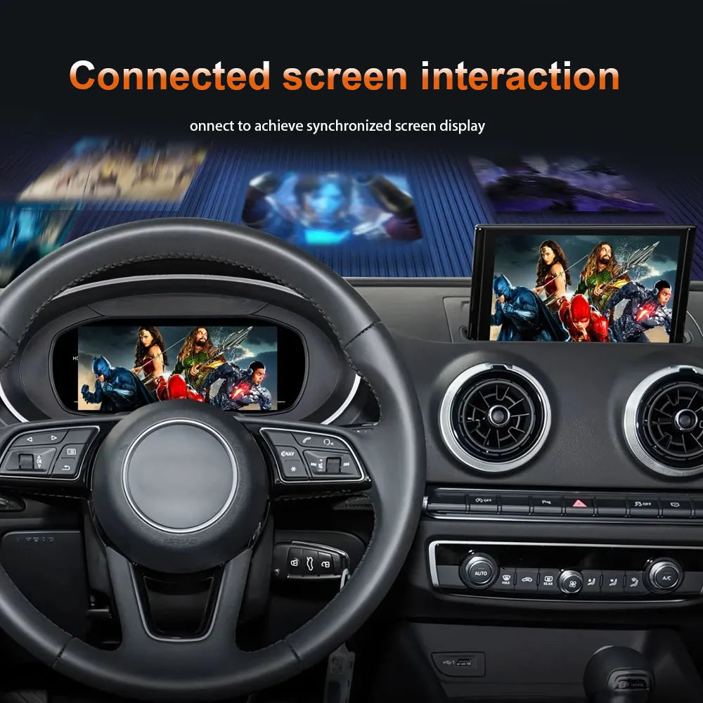 CarAktis Audi A3 connected screen interaction feature showing synchronized dual-display capability.