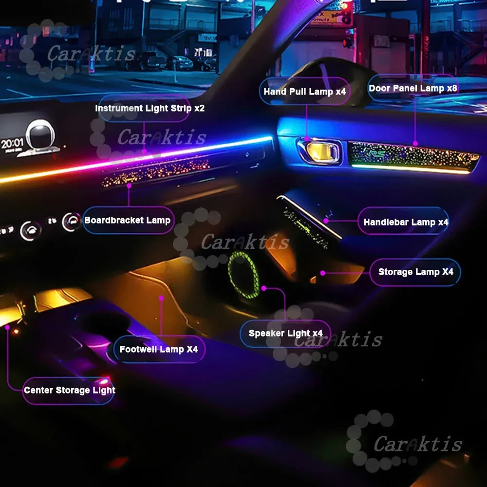 Full package contents of CarAktis LED ambient light kit for Honda Civic.