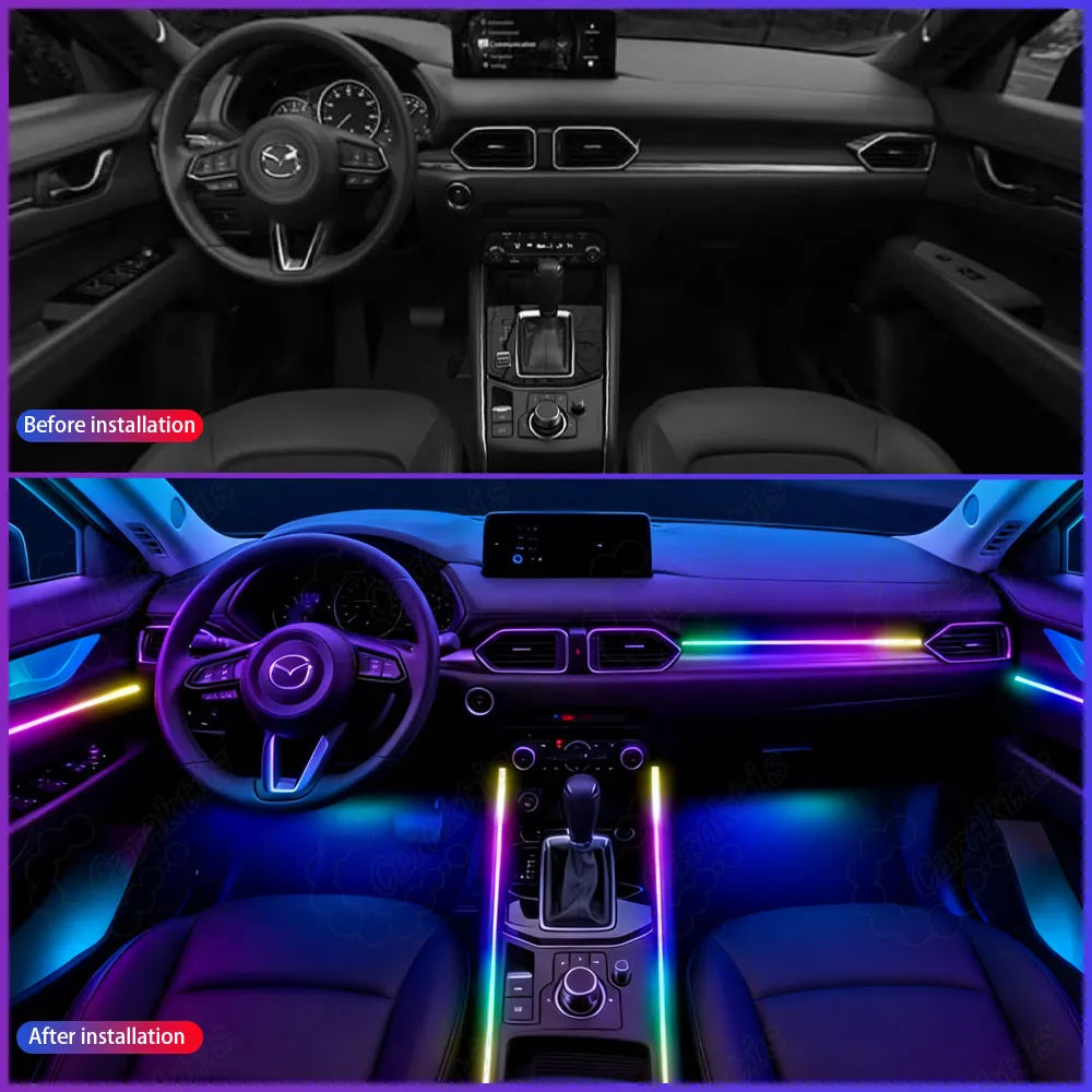 Side-by-side comparison of Mazda CX-5 factory interior before and after CarAktis ambient lighting installation