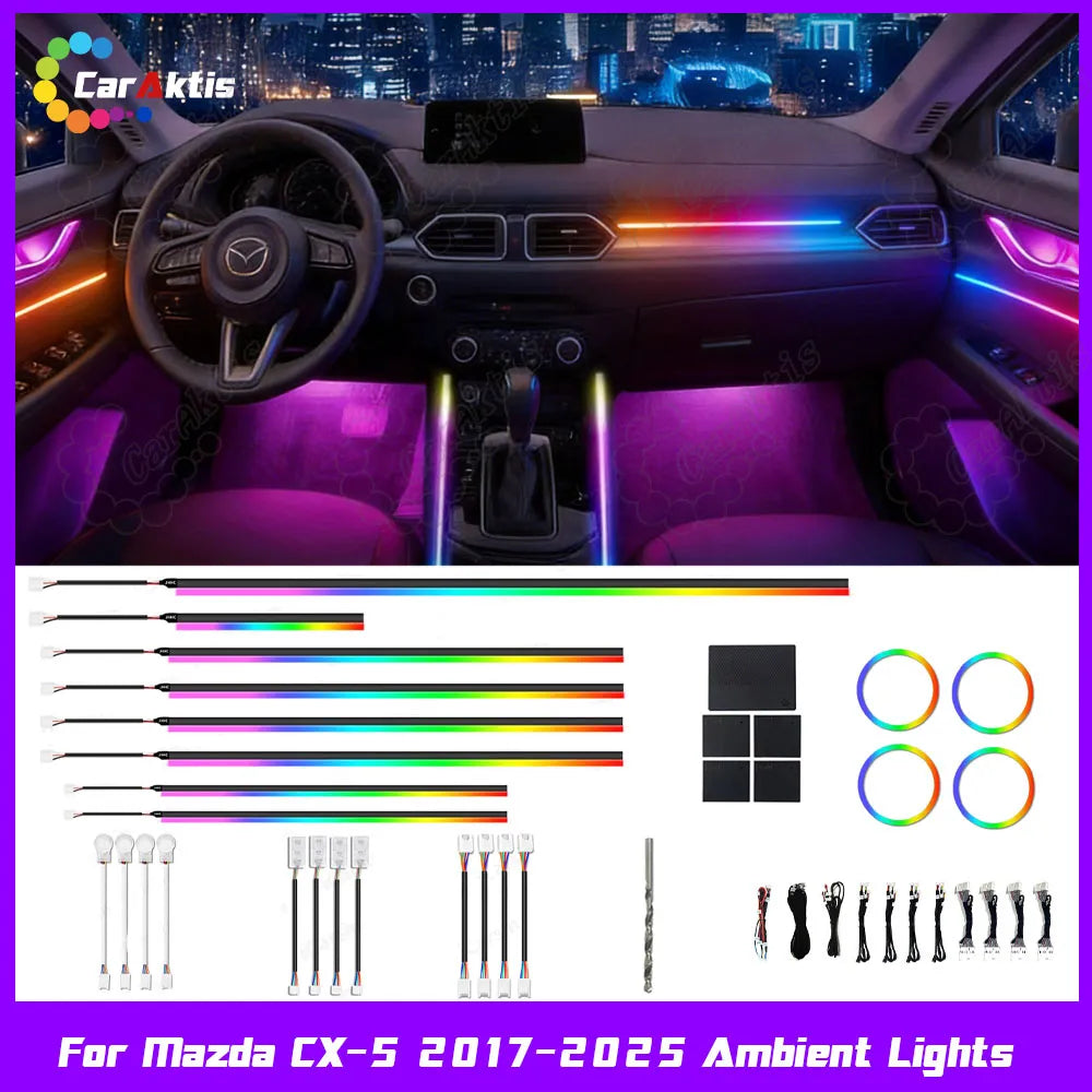 CarAktis Symphony 64-color dynamic LED ambient lighting illuminated inside Mazda CX-5 at night