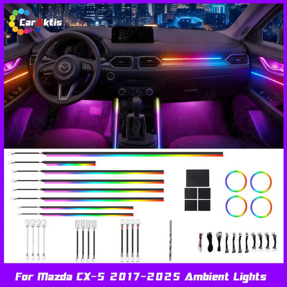 CarAktis Symphony 64-color dynamic LED ambient lighting illuminated inside Mazda CX-5 at night