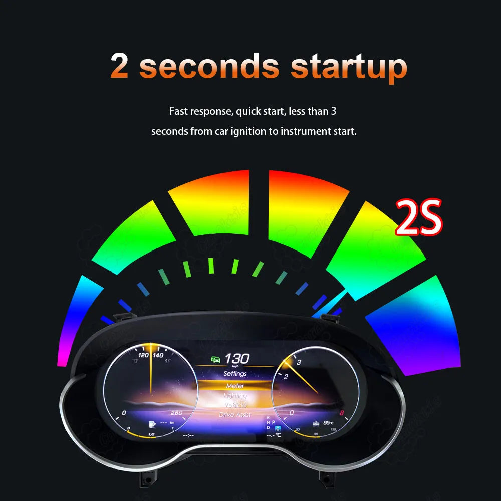 Caraktis 12.3 inch digital instrument cluster for Mercedes A CLA GLA showing rapid 2 second startup response and HD dynamic dashboard display.