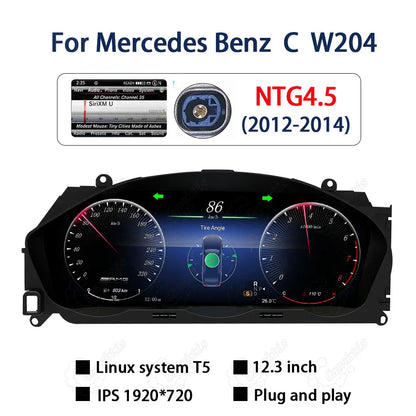 Caraktis premium 12.3 inch digital instrument cluster for Mercedes-Benz C-Class W204 NTG4.5 (2012-2014) on clean white background.