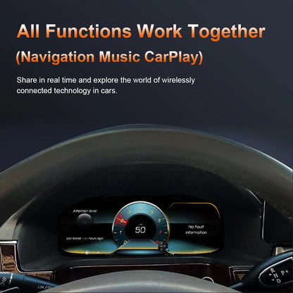 CarAktis digital dashboard displaying seamlessly integrated navigation, music, and wireless CarPlay in real time.