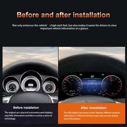 Before and after comparison of Caraktis 12.3 inch digital instrument cluster installation on Mercedes-Benz C-Class W204 showing high-tech cockpit transformation.