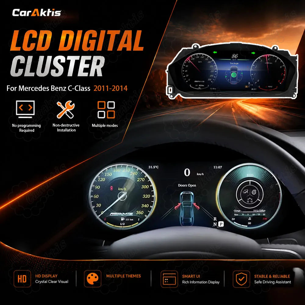 Caraktis 12.3 inch Ultra-HD digital instrument cluster dashboard upgrade for Mercedes-Benz C-Class W204, engineered for modern luxury interior transformation.