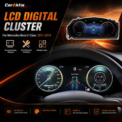 Caraktis 12.3 inch Ultra-HD digital instrument cluster dashboard upgrade for Mercedes-Benz C-Class W204, engineered for modern luxury interior transformation.