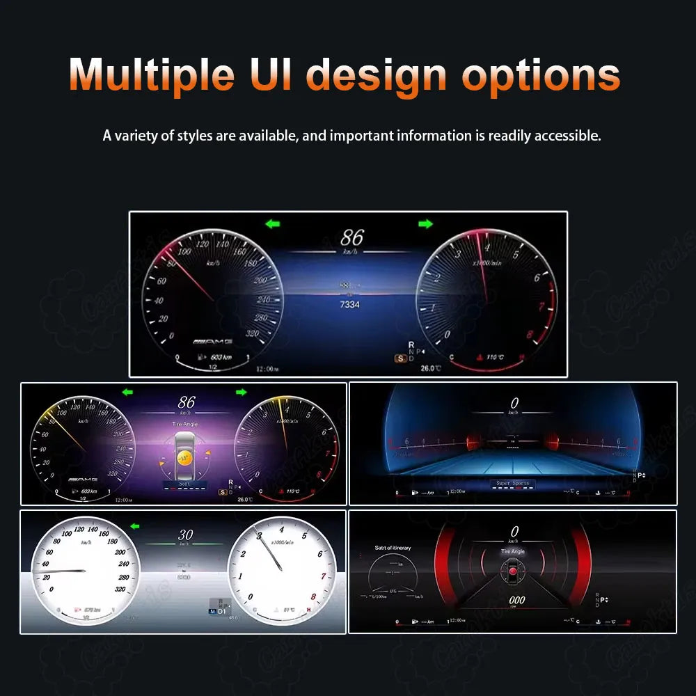 Caraktis 12.3 inch digital dashboard cluster featuring multiple luxury UI style themes and custom display interfaces for Mercedes-Benz C-Class W204.