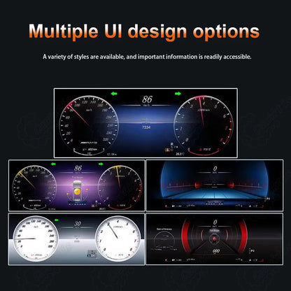 Caraktis 12.3 inch digital dashboard cluster featuring multiple luxury UI style themes and custom display interfaces for Mercedes-Benz C-Class W204.
