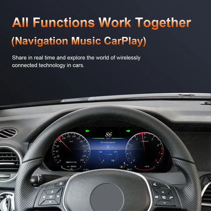 Caraktis 12.3 inch digital cluster displaying seamless wireless CarPlay integration with real-time navigation and music playback for Mercedes-Benz C-Class W204.