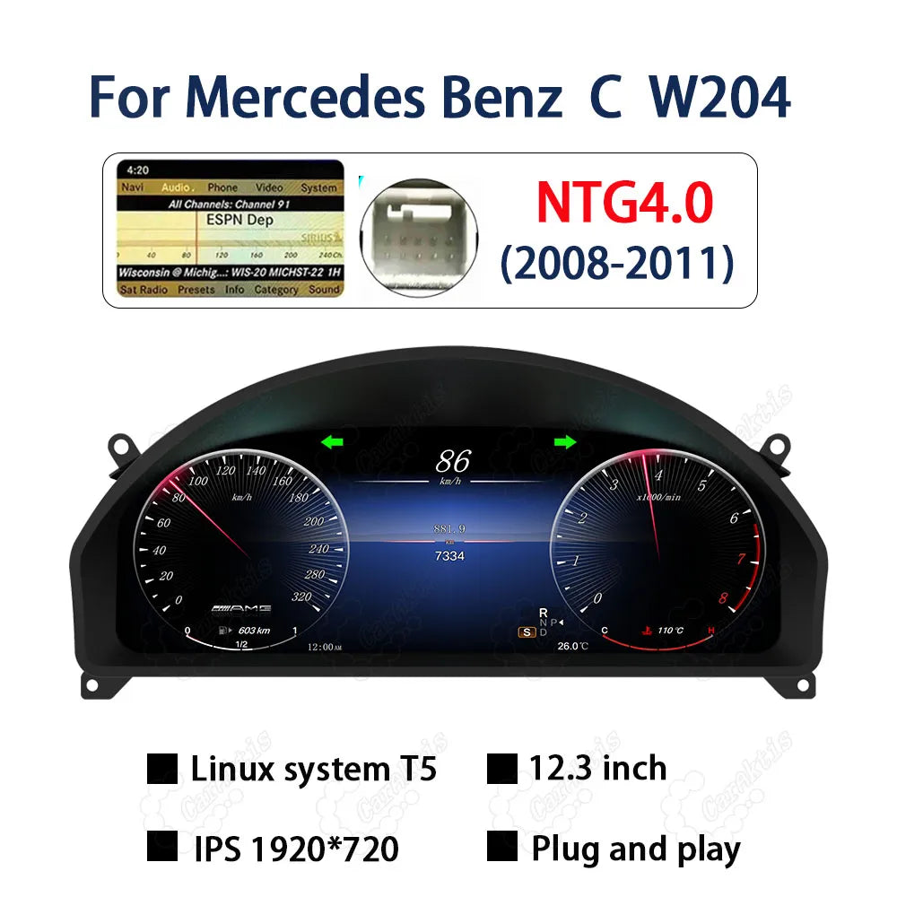 Caraktis premium 12.3 inch Ultra-HD digital instrument cluster for Mercedes-Benz C-Class W204 NTG4.0 (2008-2011) upgrade, displaying dynamic OEM graphics on a clean white background.
