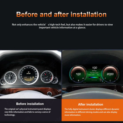 Before and after installation view of CarAktis digital instrument cluster upgrade in a Mercedes-Benz E-Class interior