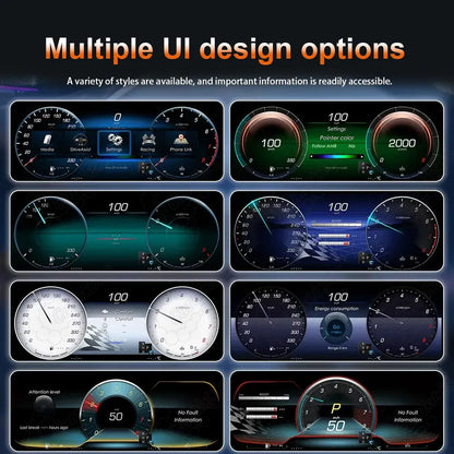 Multiple UI display theme options on the CarAktis digital instrument cluster for Mercedes-Benz E-Class