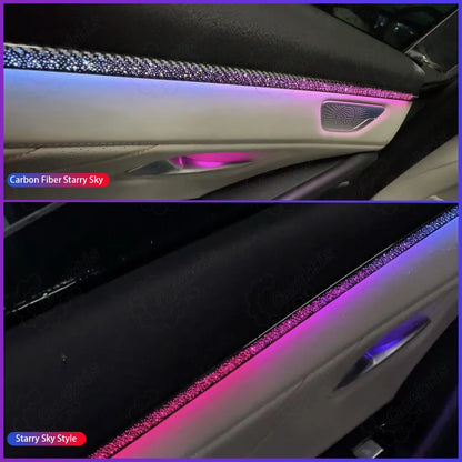 Caraktis interior lighting upgrade choices: standard black texture starry sky LED vs textured carbon fiber starry sky LED ambient lighting