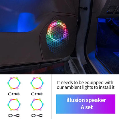 An optional CarAktis car door speaker ring with integrated RGB LED ambient lighting, compatible with all models to sync seamlessly with the main Symphony lighting system.