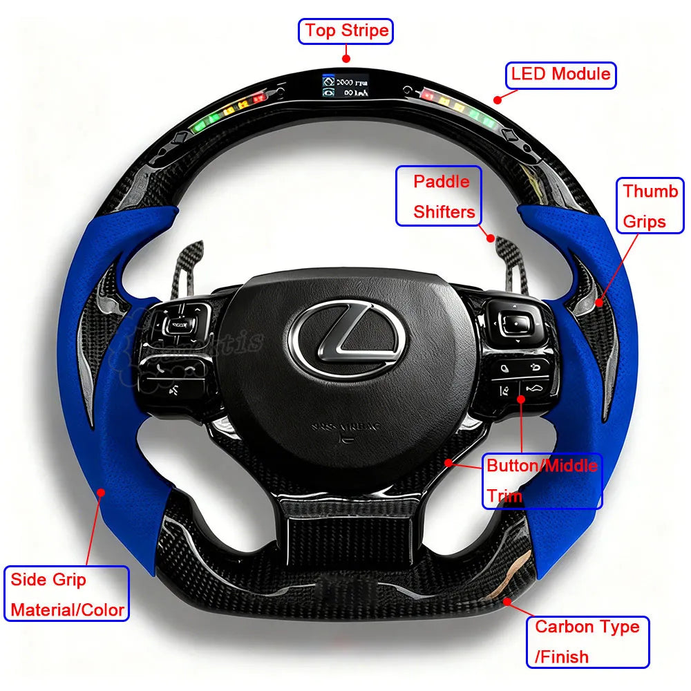 Description: A customization diagram for a carbon fiber steering wheel, detailing personalizable sections including the top carbon fiber weave, 12 o&