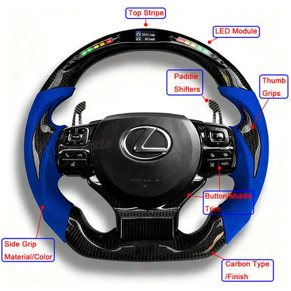 Description: A customization diagram for a carbon fiber steering wheel, detailing personalizable sections including the top carbon fiber weave, 12 o&