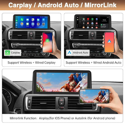 Car head unit displaying wireless and wired Apple CarPlay, Android Auto, and AirPlay/Autolink screen mirroring capabilities.