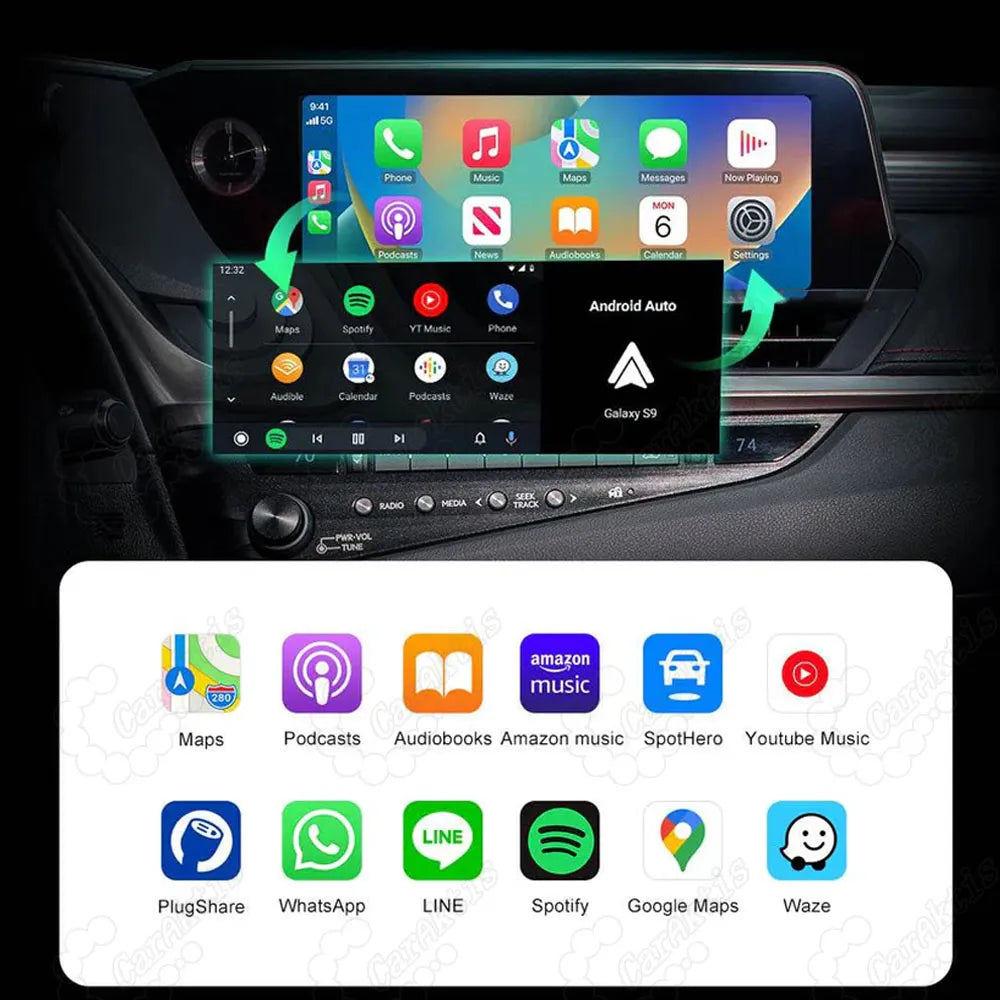 Graphic infographic showing supported apps for Lexus CarPlay upgrade module including WhatsApp, Google Maps, Waze, Spotify, and Amazon Music.