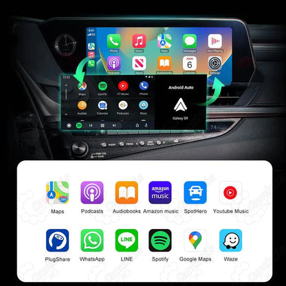 Graphic infographic showing supported apps for Lexus CarPlay upgrade module including WhatsApp, Google Maps, Waze, Spotify, and Amazon Music.