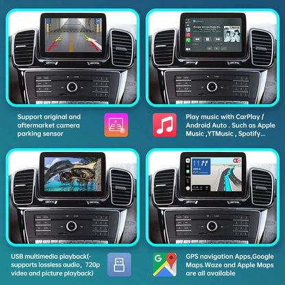 Grid layout showcasing core features including reverse parking sensor support, music streaming, USB multimedia playback, and GPS navigation apps.