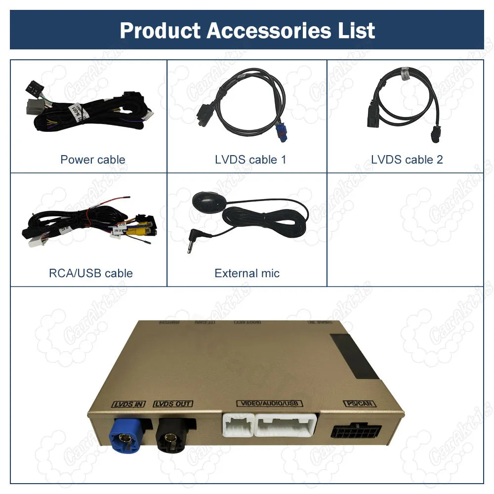Product accessories list including gold metal interface box, power cable, dual LVDS cables, RCA USB cable, and external microphone.