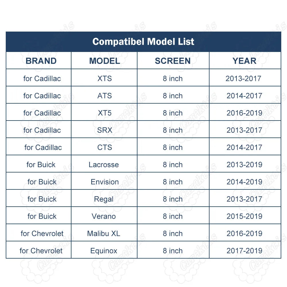 Compatibility model list table for CarPlay module showing supported Cadillac XTS ATS XT5 SRX CTS, Buick Lacrosse Envision Regal Verano, and Chevrolet Malibu XL Equinox with 8 inch screens.