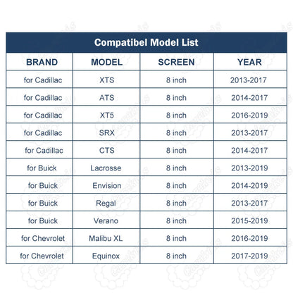 Compatibility model list table for CarPlay module showing supported Cadillac XTS ATS XT5 SRX CTS, Buick Lacrosse Envision Regal Verano, and Chevrolet Malibu XL Equinox with 8 inch screens.