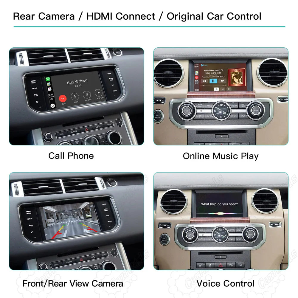 Grid display of smart features including hands-free phone calls, online music streaming, front/rear view camera integration, and Siri voice control on the dashboard screen.