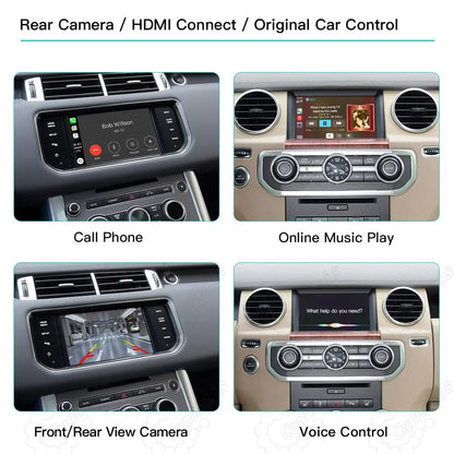 Grid display of smart features including hands-free phone calls, online music streaming, front/rear view camera integration, and Siri voice control on the dashboard screen.