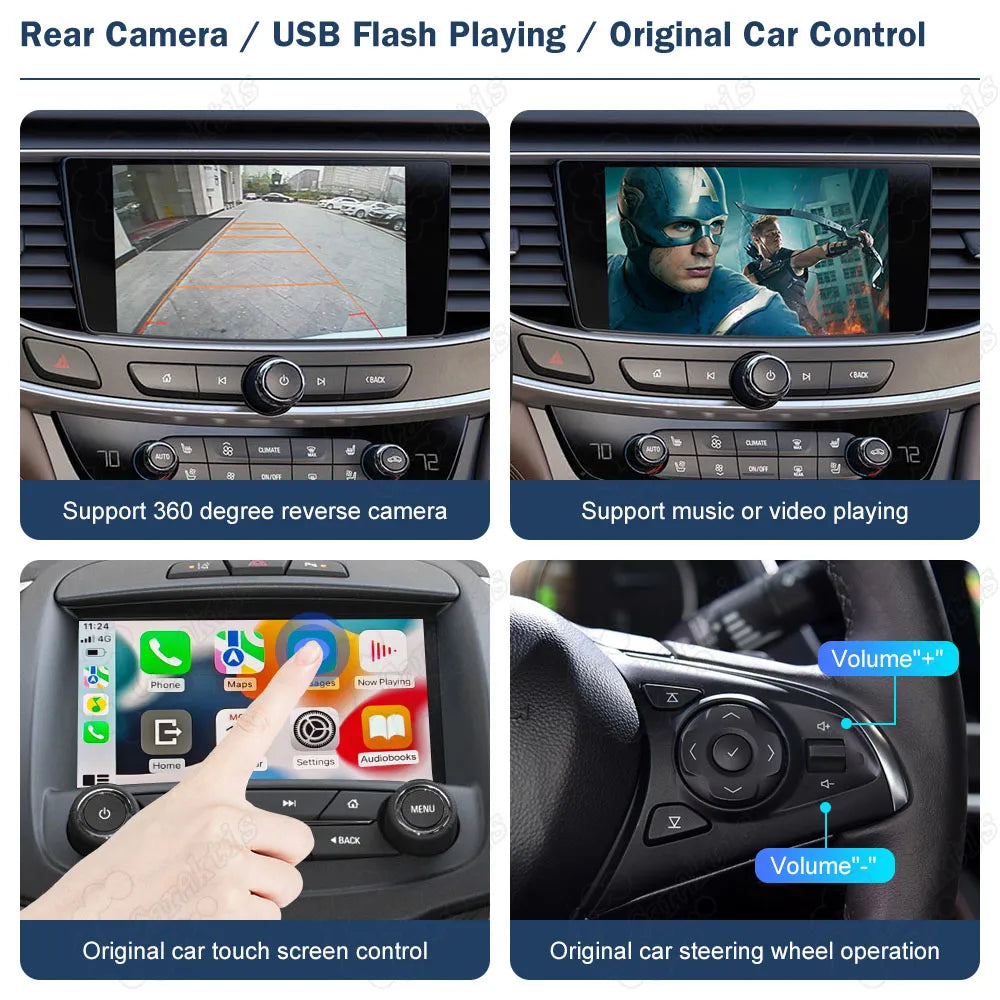 Product features including 360-degree reverse camera support, USB flash drive video playing, factory original car touch screen control, and steering wheel button operation.