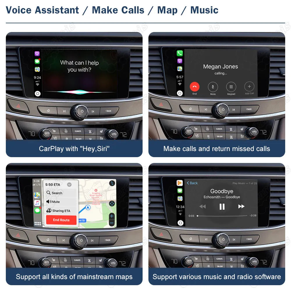 In-dash car screen displaying Hey Siri voice assistant, hands-free phone calls, mainstream GPS maps navigation, and music player interface.