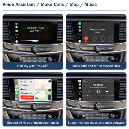 In-dash car screen displaying Hey Siri voice assistant, hands-free phone calls, mainstream GPS maps navigation, and music player interface.