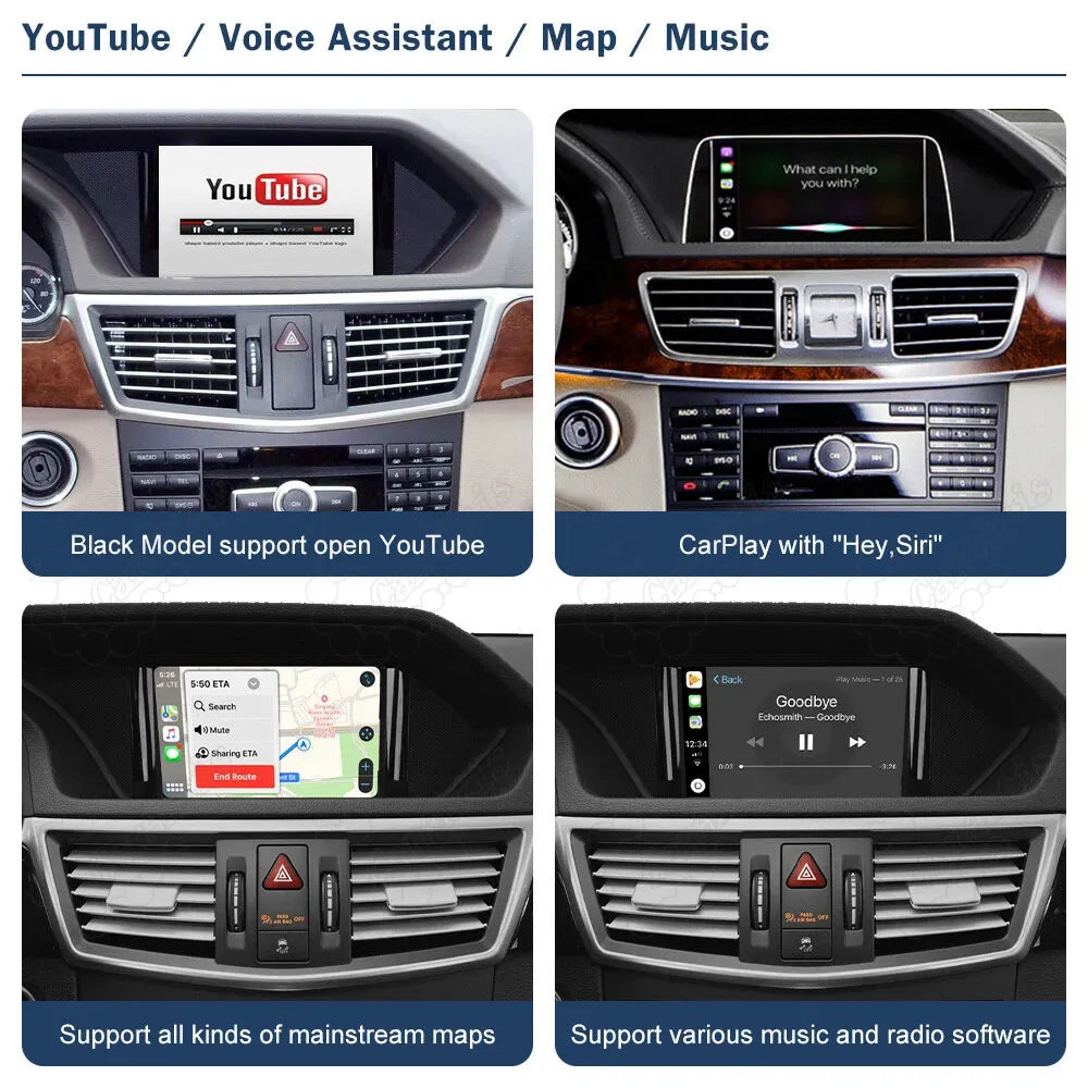 Multiple screens displaying YouTube video playback, Siri voice control prompt, mainstream GPS map navigation, and music player interface on the Mercedes-Benz center console.