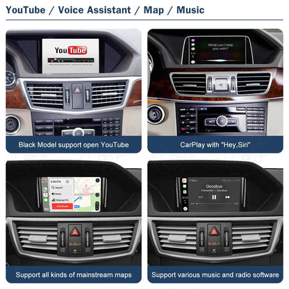 Multiple screens displaying YouTube video playback, Siri voice control prompt, mainstream GPS map navigation, and music player interface on the Mercedes-Benz center console.
