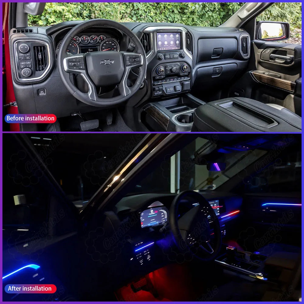 Chevrolet Silverado 2019–2021 interior before and after installing CarAktis ambient lighting, featuring illuminated dashboard, door panels, and footwell.