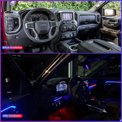 Chevrolet Silverado 2019–2021 interior before and after installing CarAktis ambient lighting, featuring illuminated dashboard, door panels, and footwell.