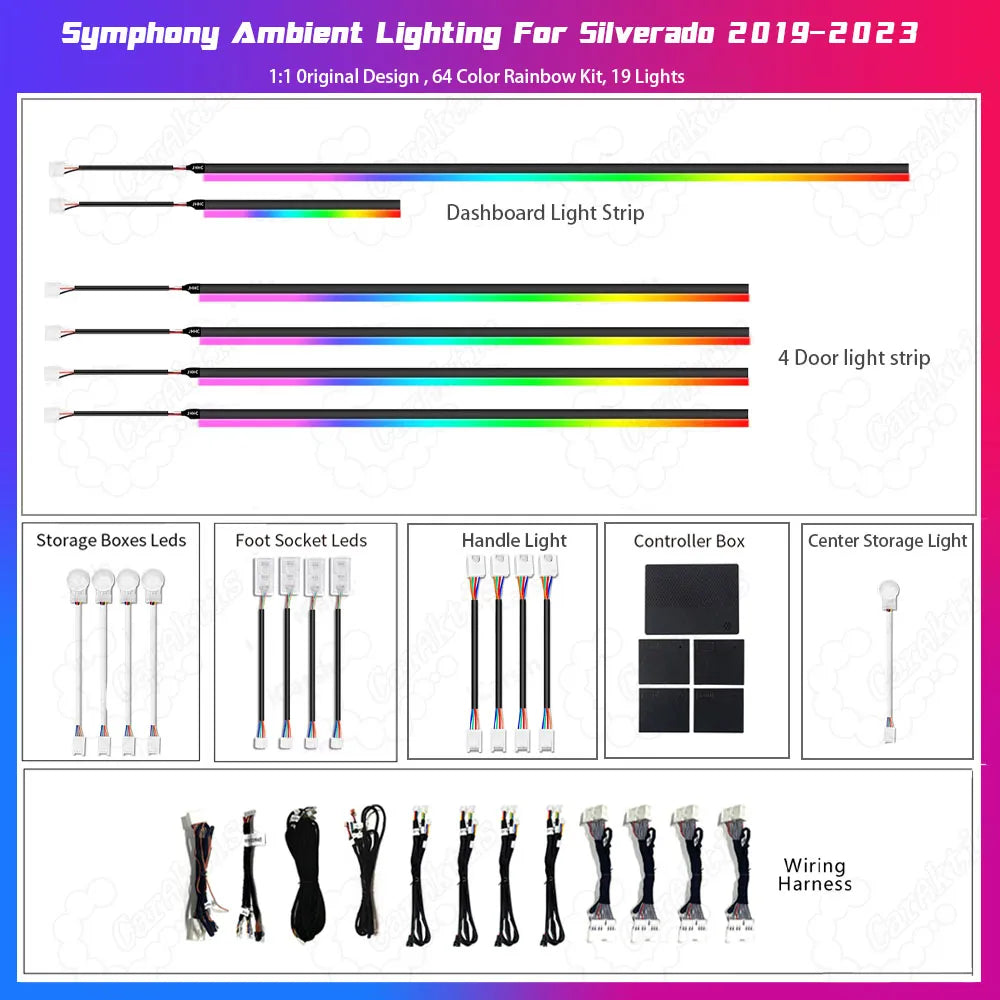 CarAktis ambient lighting kit contents for Chevrolet Silverado 2019–2021, including hidden LED light strips, control box, wiring harness, and button controller.
